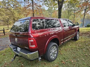 rear view of red truck with topper